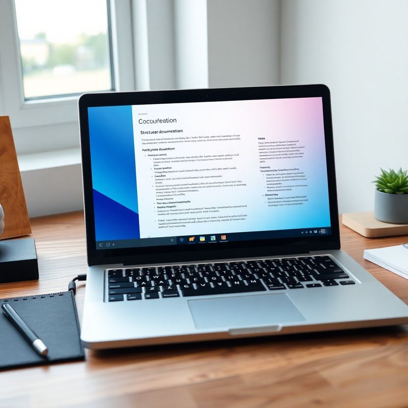 Laptop mit einer strukturierten Dokumentationsseite in minimalistischem Azur-UI